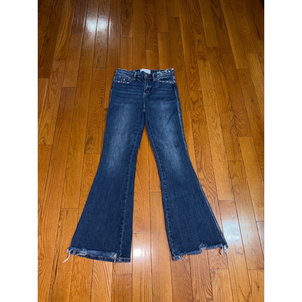 Flying Monkey High Rise Flare Jeans Medium Wash Raw Hem Distressed BY4398R sz 27